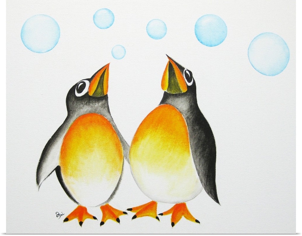 Painting of two penguins looking up at floating bubbles.