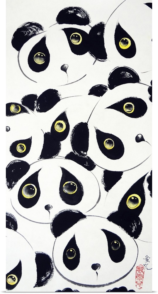 Chinese ink painting of panda bear heads with yellow eyes, compiled together on a white panel background.