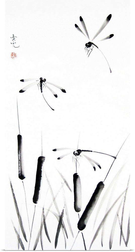 Chinese ink painting of cattails and dragonflies.