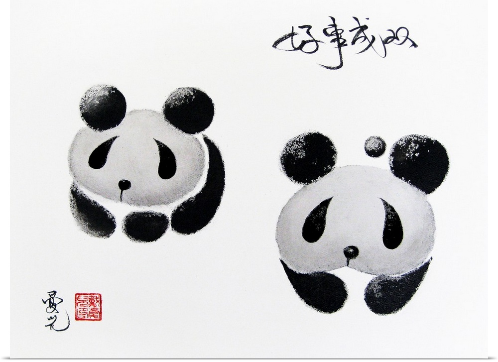 Chinese ink on canvas painting of two panda bears with the saying "Good Things Come in Pairs"
