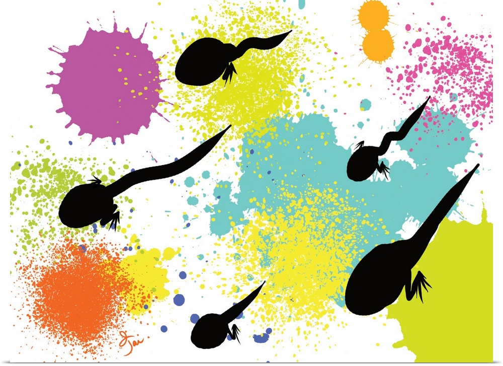 Vibrant artwork with tadpoles on a paint splattered background.