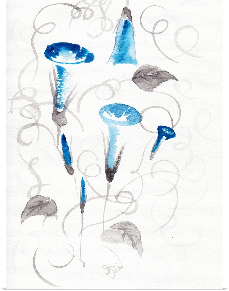 Painting of bright blue flowers and gray vines and leaves created with a blend of sumi and watercolour.