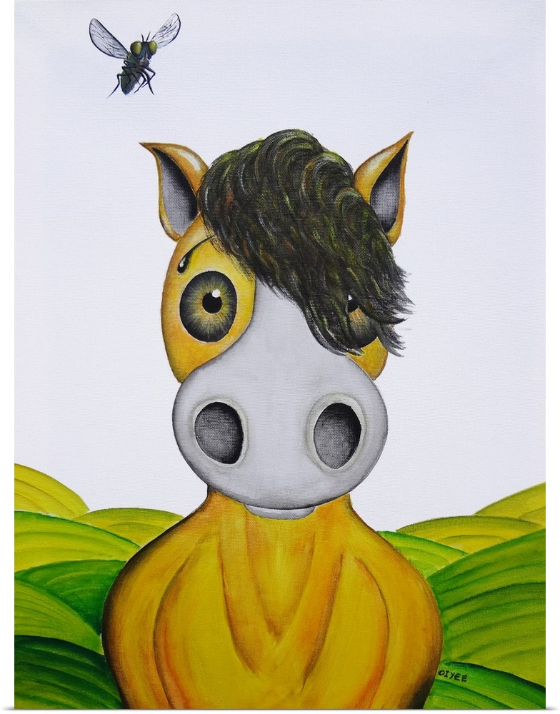 Contemporary painting of a horse with a cartoon-like face and a fly above its ear.