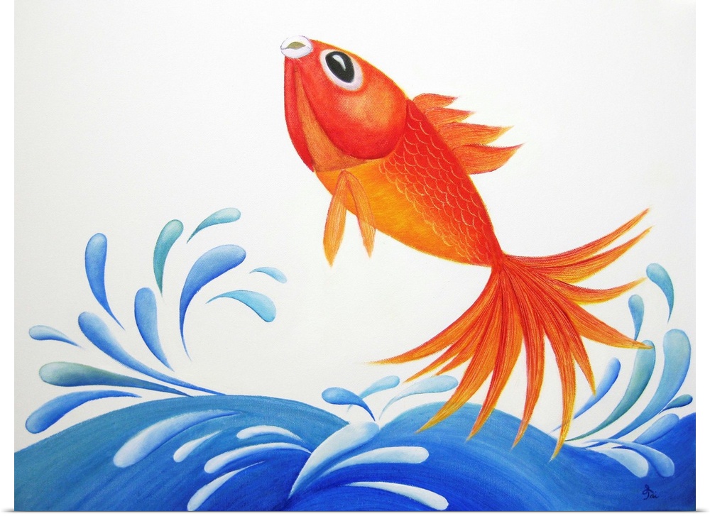 Contemporary painting of an orange fish jumping out of the water and causing a splash.