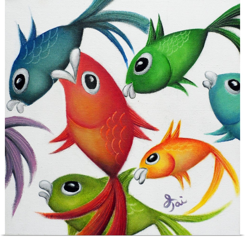 Square painting of vibrant fish swimming on a white background.