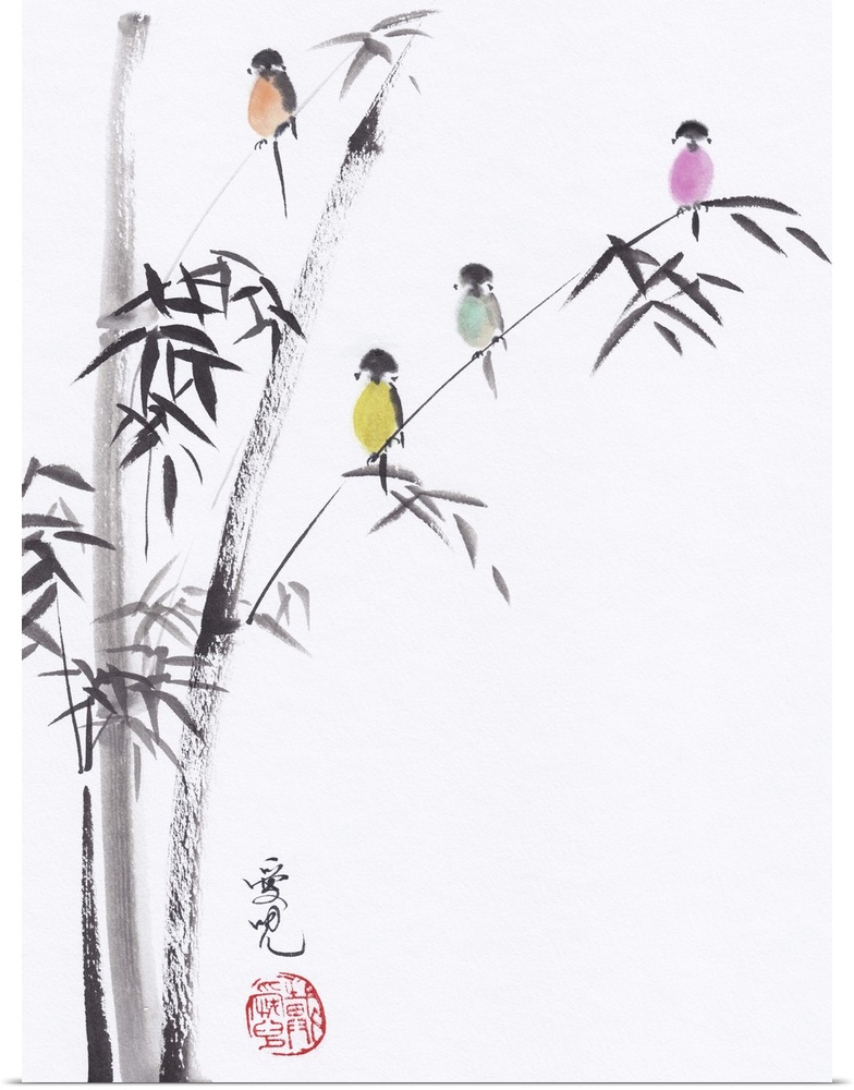Chinese ink and watercolor painting of colorful birds sitting in a tree.