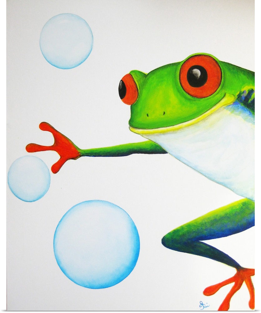 Contemporary painting of a vibrant tree frog trying to catch bubbles.