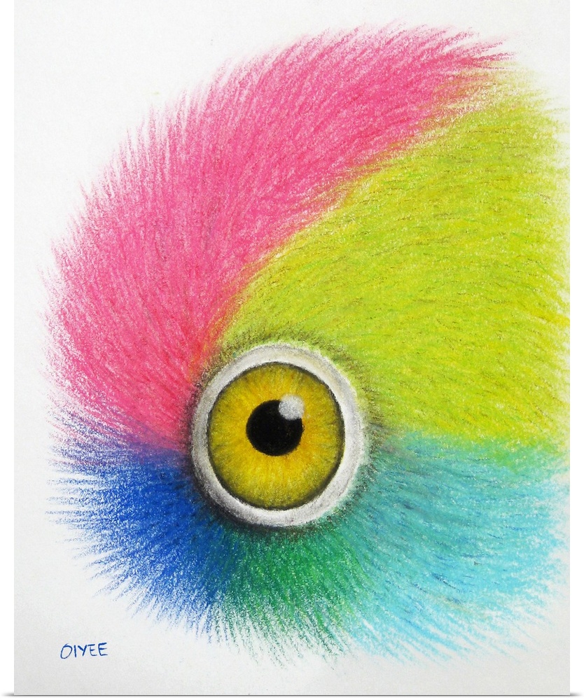 Pastel painting of a parrot's eye close-up with vibrant colors.