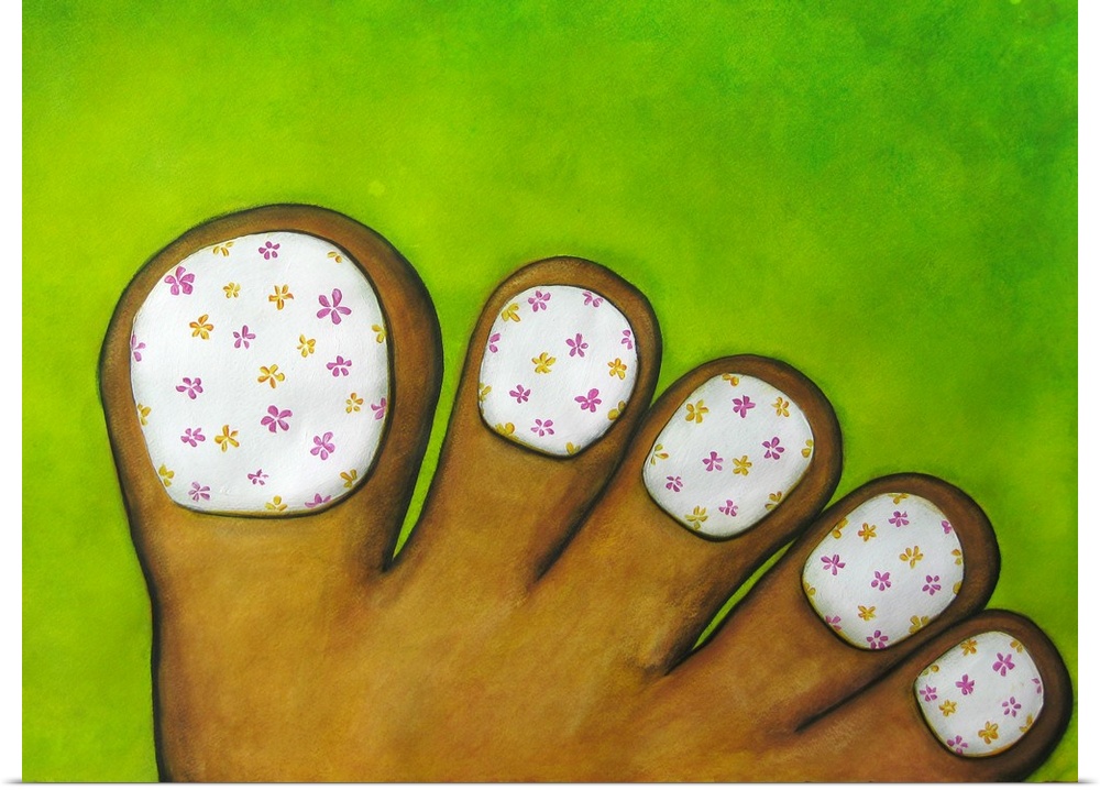 Painting of a foot with white painted toenails with small yellow and pink flowers painted on top.