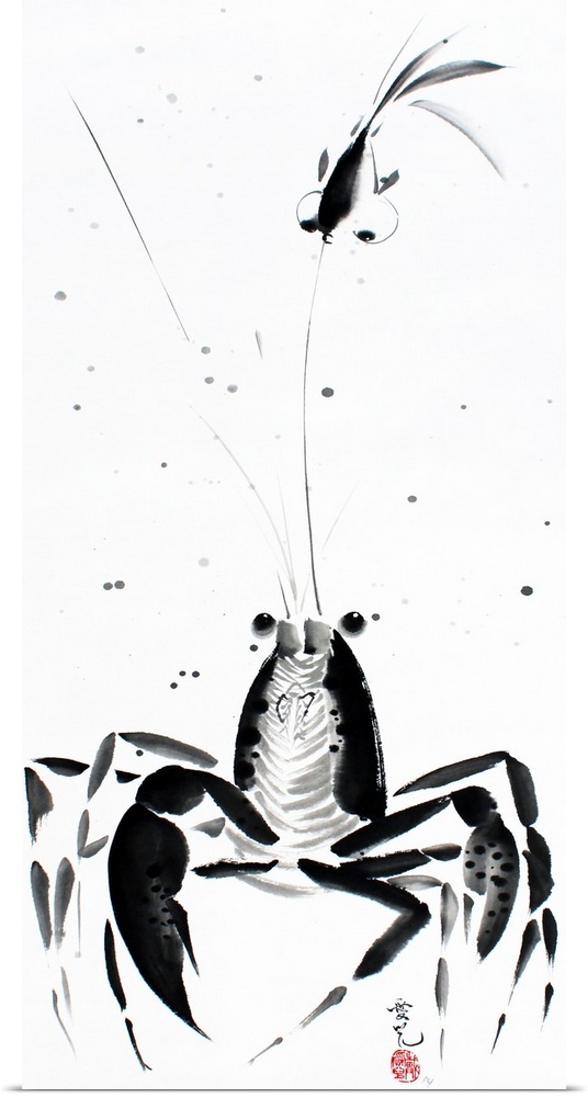One must learn to be patient in life and wait for the right moment. Chinese ink painting of a lobster and a fish.