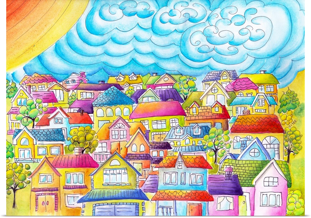 Whimsical painting of vibrant colored houses complied together in a neighborhood with few trees.