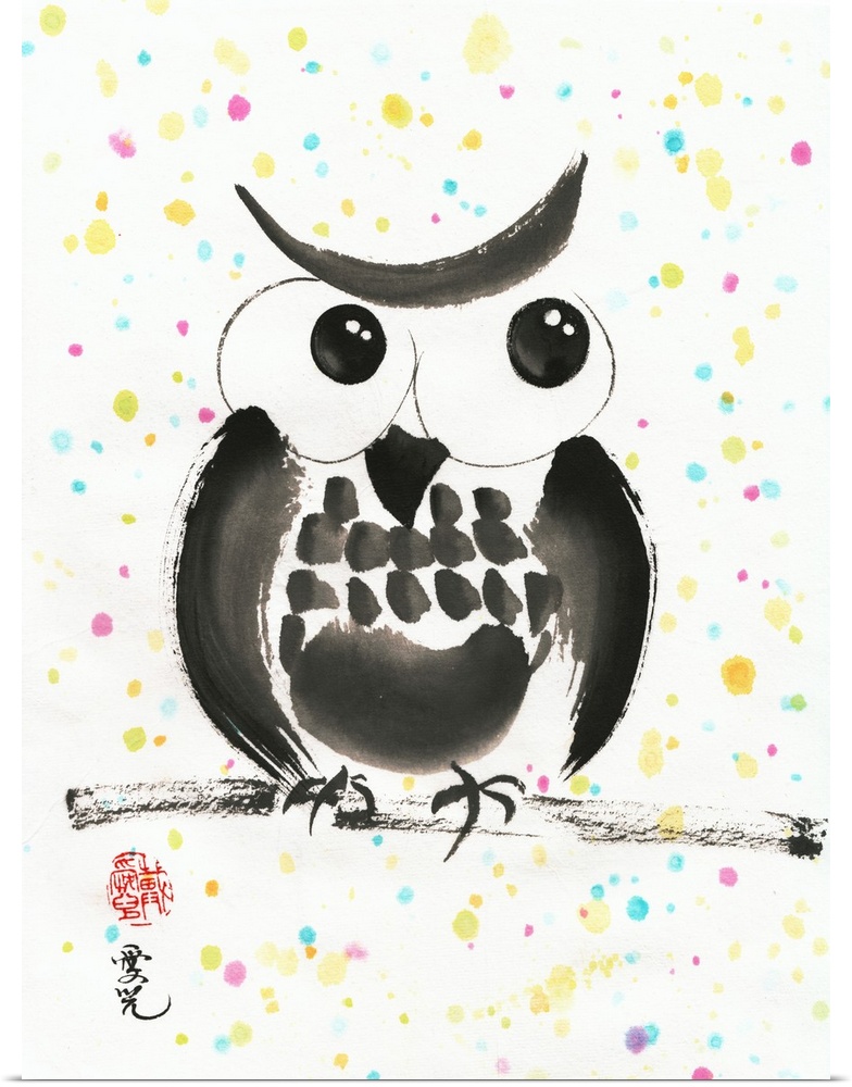 Whimsical painting of an owl on a branch with colorful polka dots in the background.