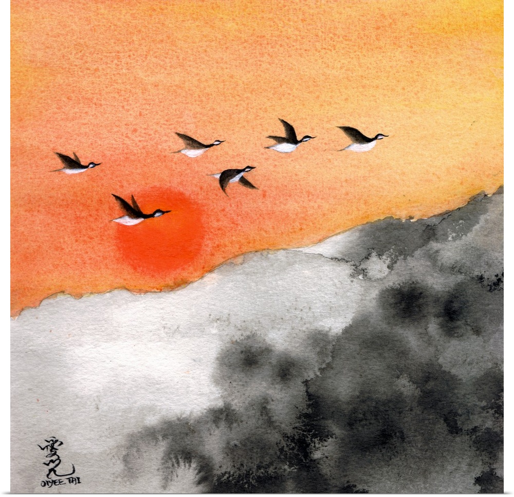 Square painting of a warm sunset with birds flying through and a black and white landscape below.