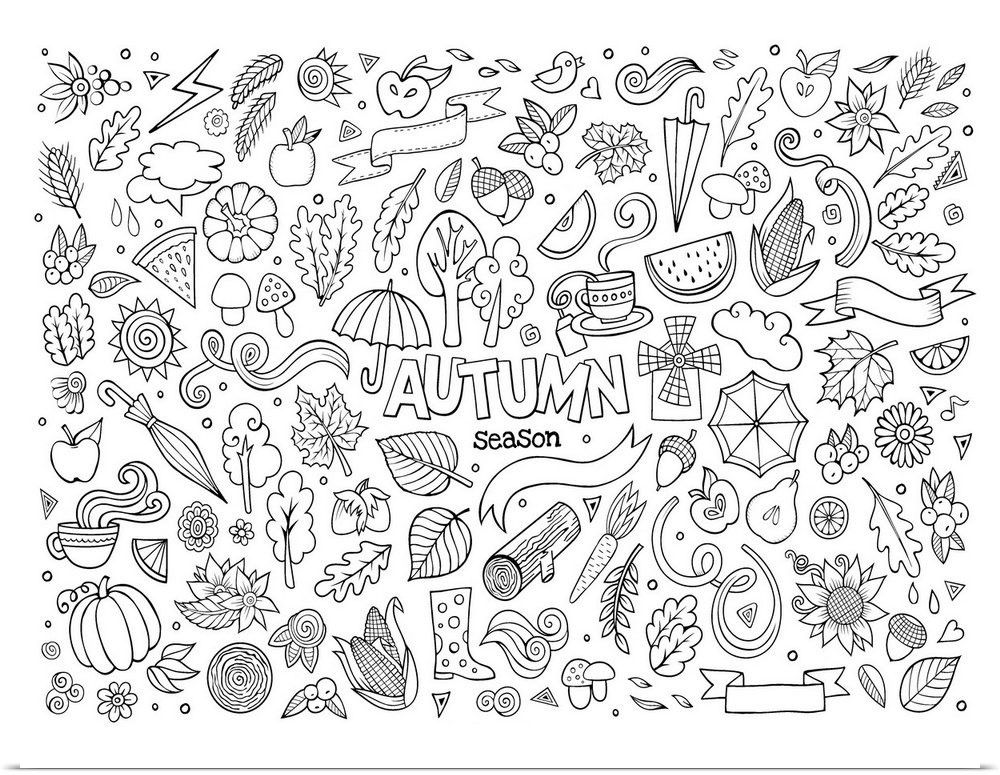Sketchy vector hand drawn Doodle cartoon set of objects and symbols on the autumn theme. Perfect for Coloring Canvas.