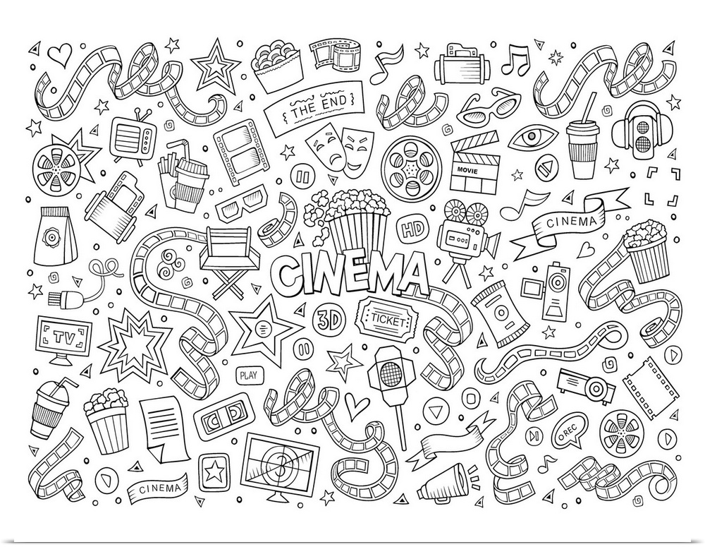 An assortment of movie-themed objects, including film reels and popcorn, surrounding the word "Cinema." Perfect for Colori...