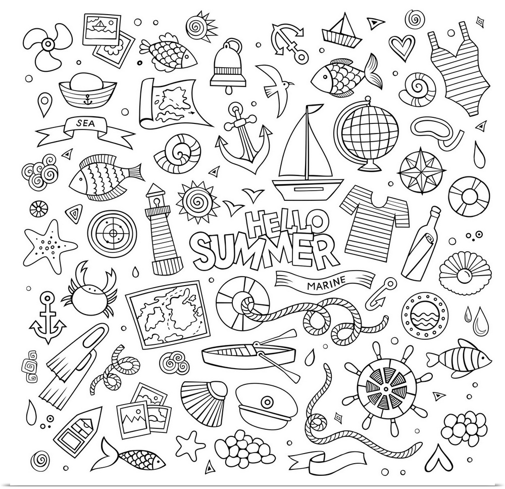 A series of summer and beach-themed objects, such as boats and fish, surrounding the words "Hello Summer." Perfect for Col...