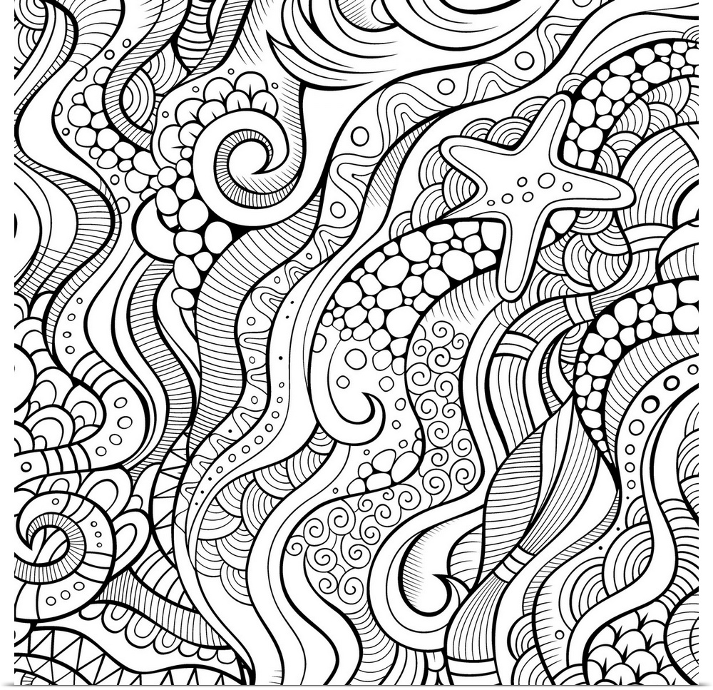 Ocean-themed design with patterned waves and a starfish. Perfect for Coloring Canvas.