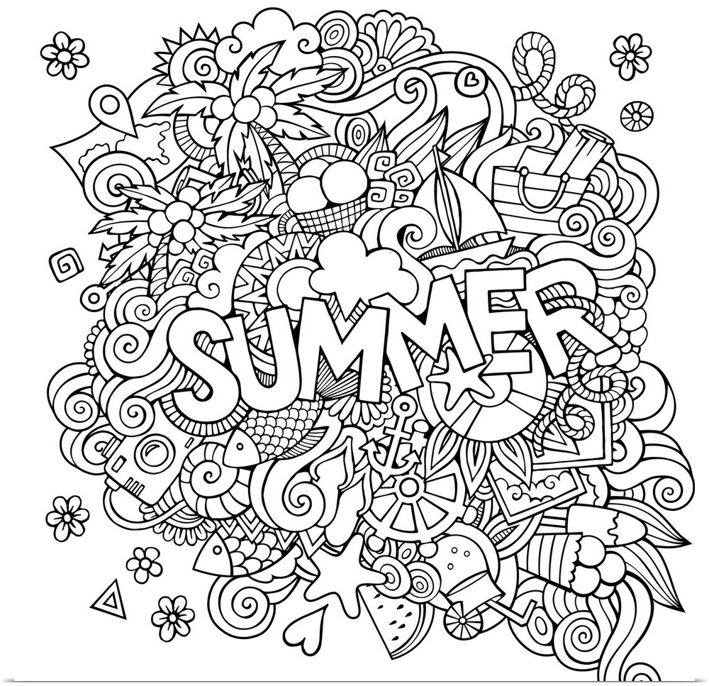 A collection of summer and beach-themed items, including boats, palm trees, and photographs. Perfect for Coloring Canvas.