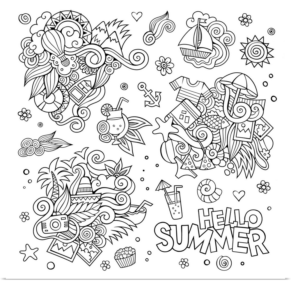 A collection of summer and beach-themed items, including boats, palm trees, and photographs. Perfect for Coloring Canvas.