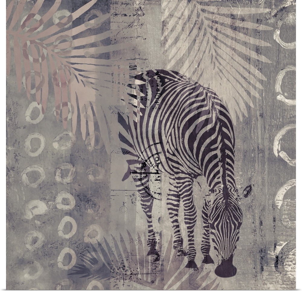 Modern mixed media art with wild zebra in muted and neutral colors.