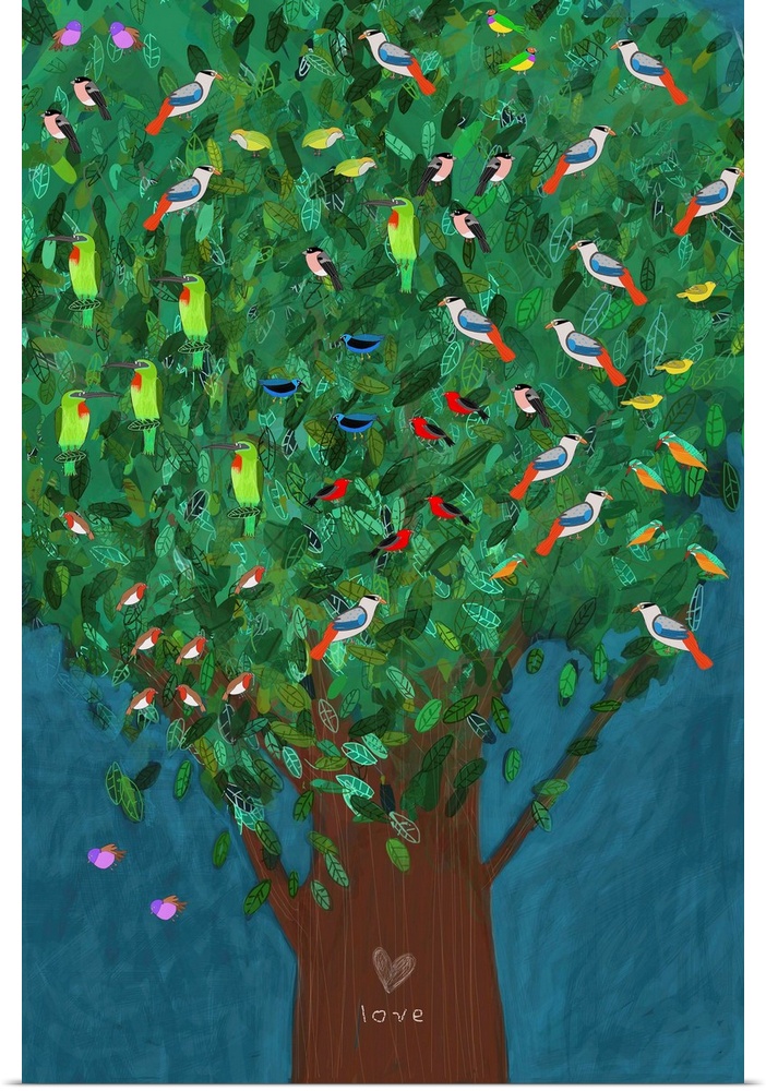 Birds in tree illustrated by artist Carla Daly.