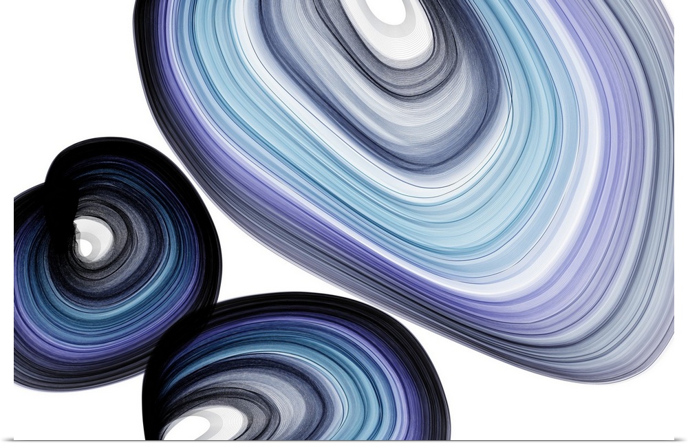 Abstract artwork created by spiraling, swirling lines leaving behind blue trails.