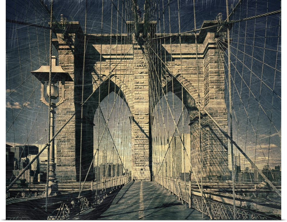 Distressed photograph of the Brooklyn Bridge arches and suspension cables.
