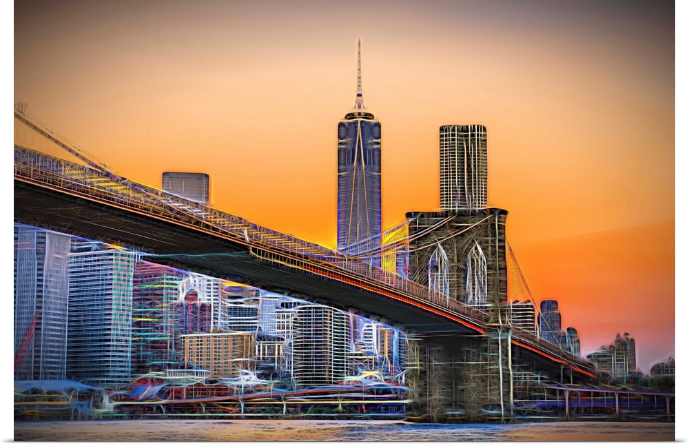 A photograph of the Brooklyn bridge at twilight with One World Trade standing tall in the background.