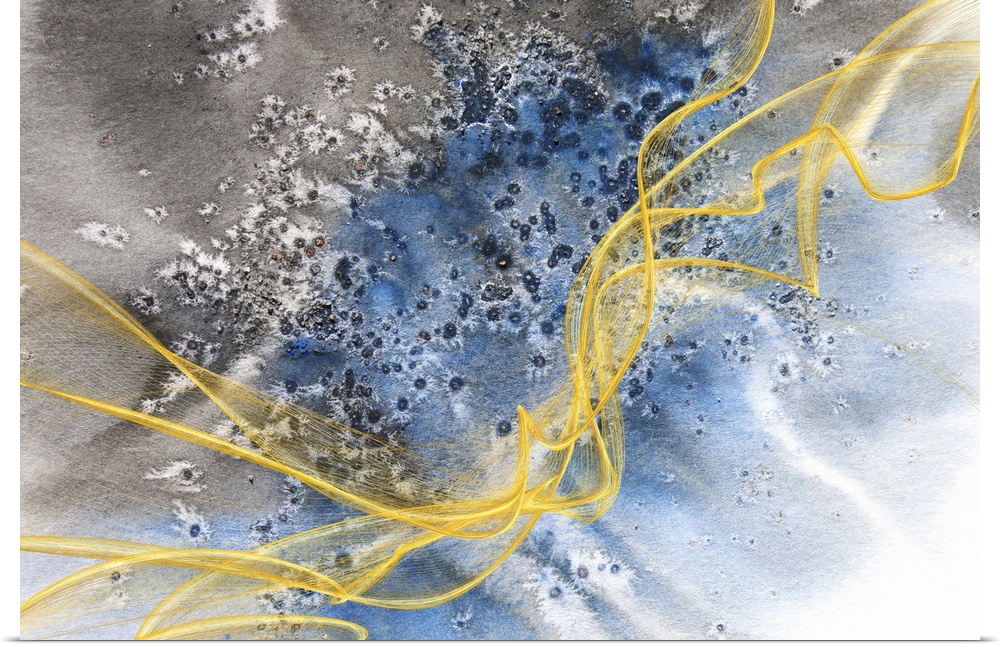 Abstract artwork resembling bubbles and waves underwater with golden stands.