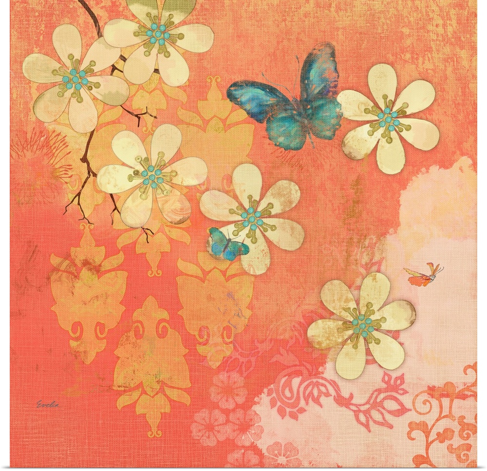 Coral Large Cream Multi Blossoms Butterfly
