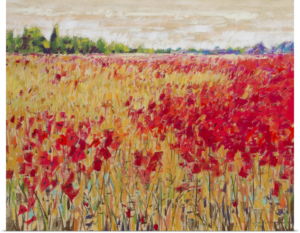 Contemporary landscape painting of a field of bright red poppies and contrasting yellow corn in the French countryside.