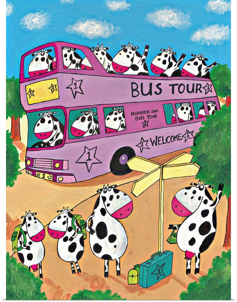 Cows take a trip on the bus. Illustrated wall art by artist Carla Daly.