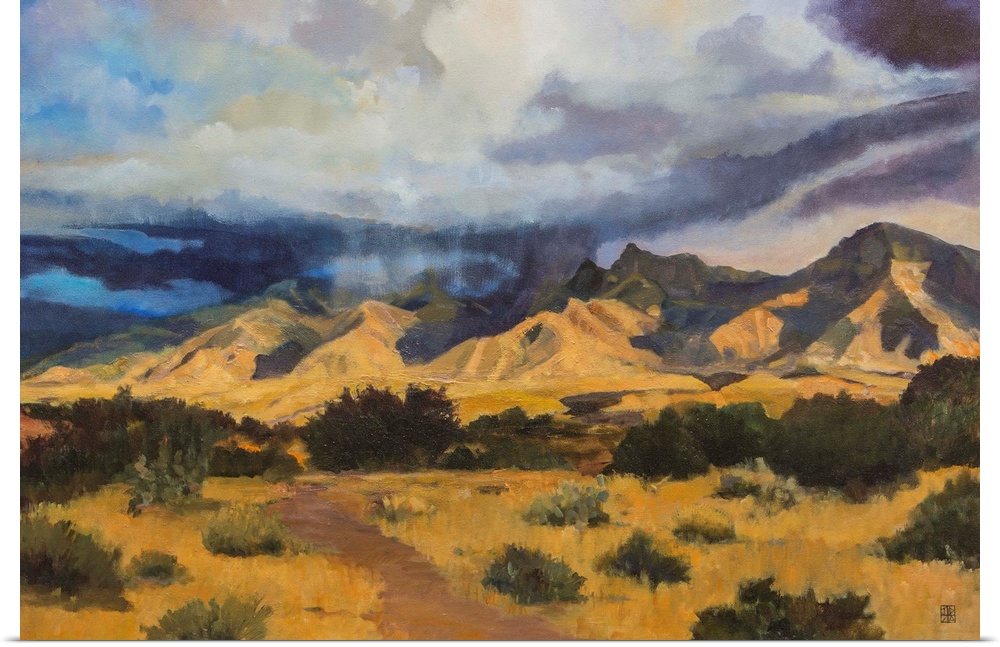 Contemporary painting of an idyllic desert landscape with dark clouds hovering overhead.