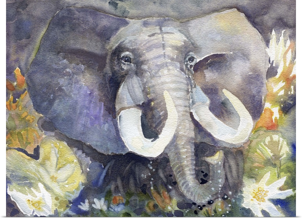 Artwork of an African Elephant with large tusks surrounded by lotus flowers.