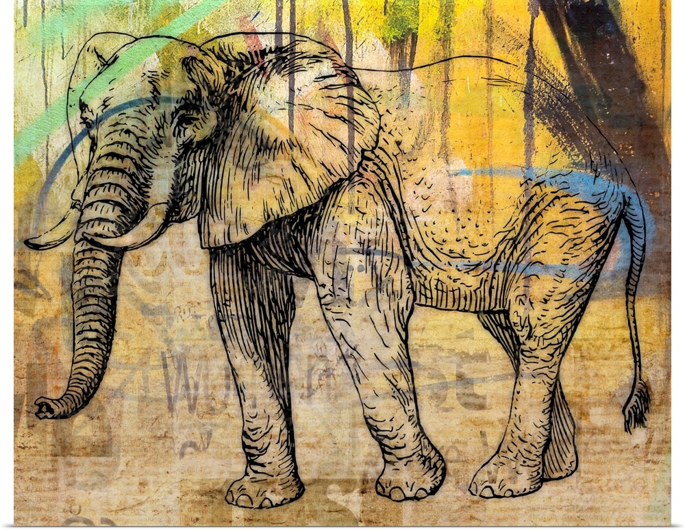 Colourful vintage effect mixed media Elephant print.