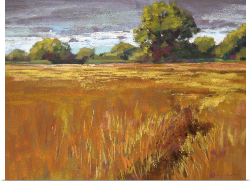 Contemporary painting of golden field of grass in the countryside.