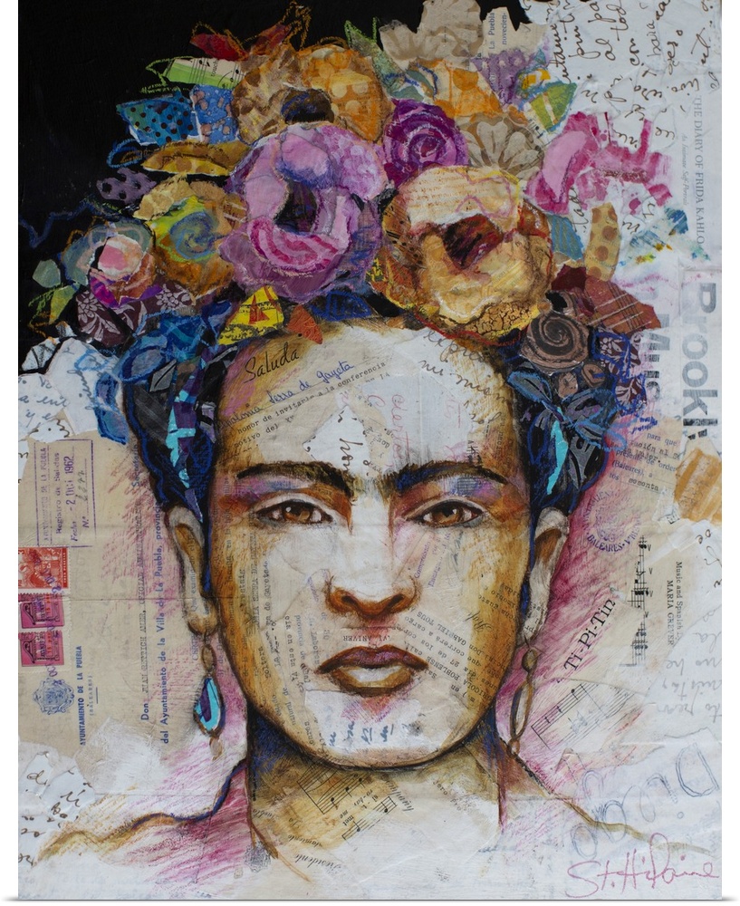 Frida Kahlo collage with floral head piece.