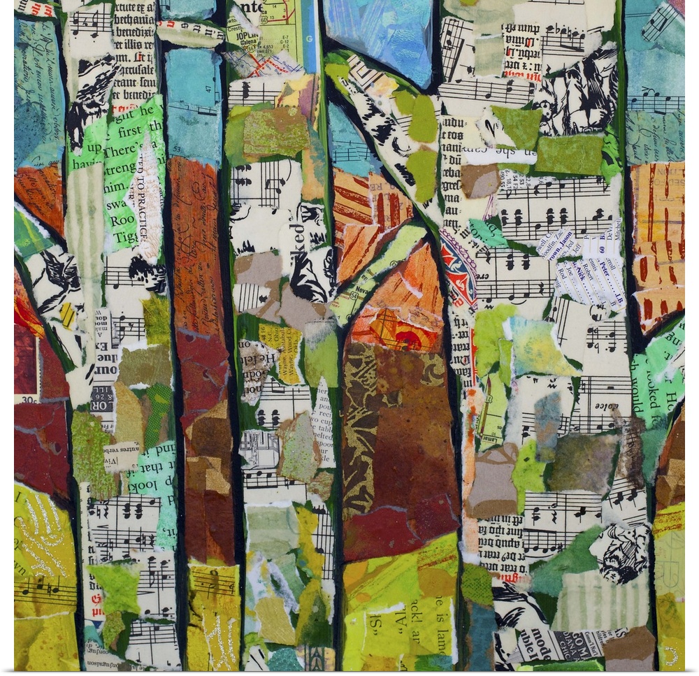 Painting of three trees with found collage elements.