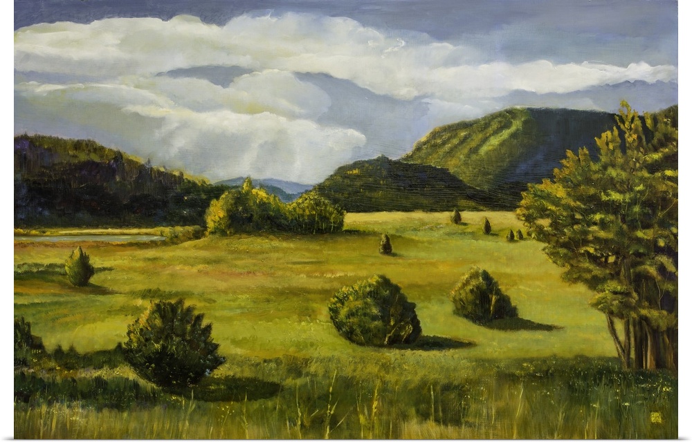 Contemporary painting of an idyllic countryside landscape.