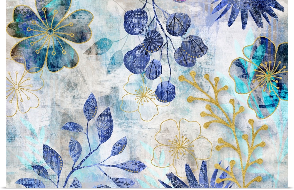 Botanical mixed media art with blue turquoise flower and leaf shapes with golden line art.