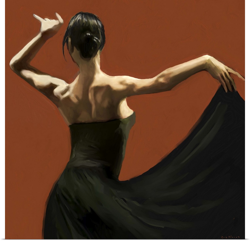 Dramatic lighting on the shoulders of a female Flamenco dancer in a long black dress against deep red.