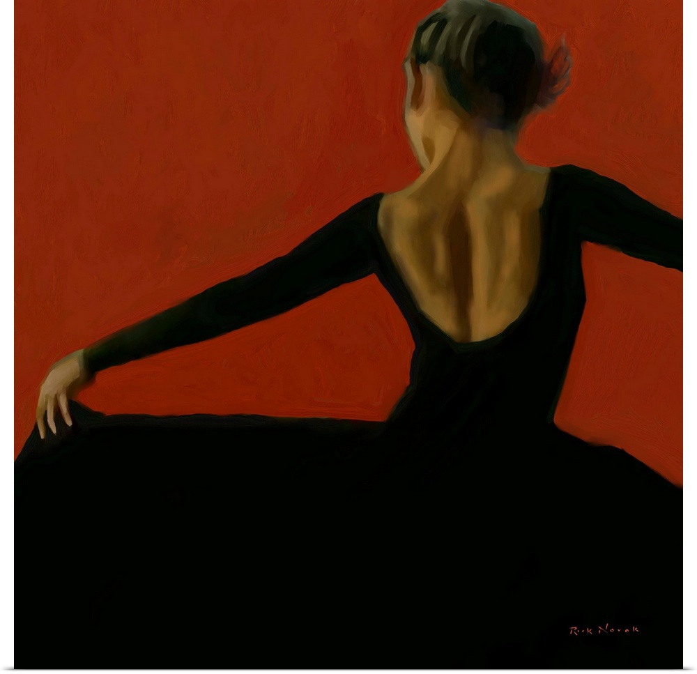 A female Flamenco dancer in a long black dress spinning around against deep red.