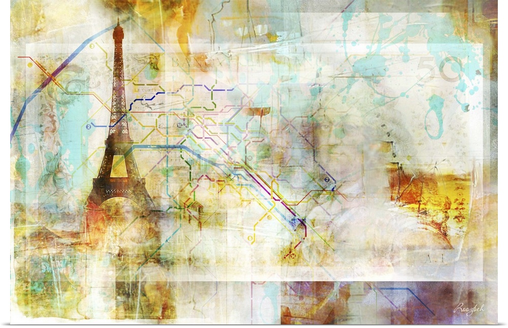This contemporary colorful artwork of the Eiffel tower and Paris map bring vibrancy to any room.