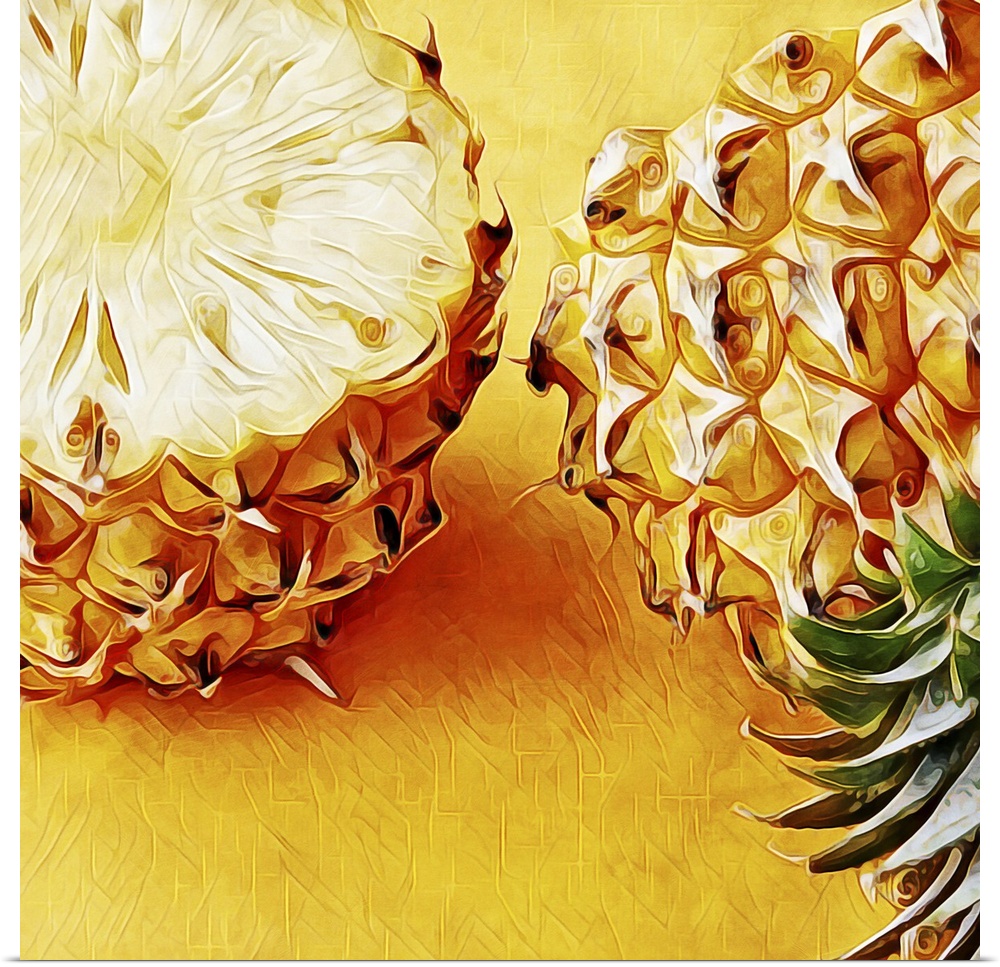Digital fine art print of a golden pineapple, cut in half, top and bottom placed side by side.