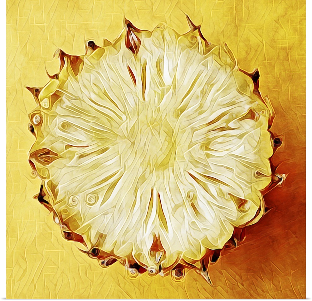 Digital fine art print of a golden pineapple, cut in half, bottom only.