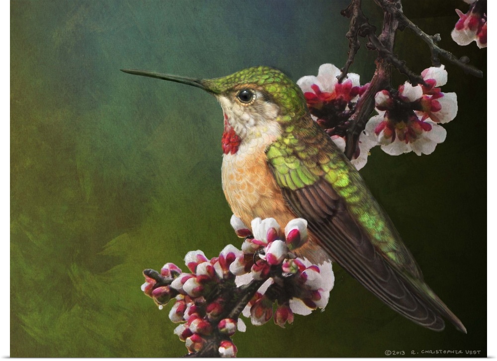 Contemporary artwork of a hummingbird perched on a tree branch.