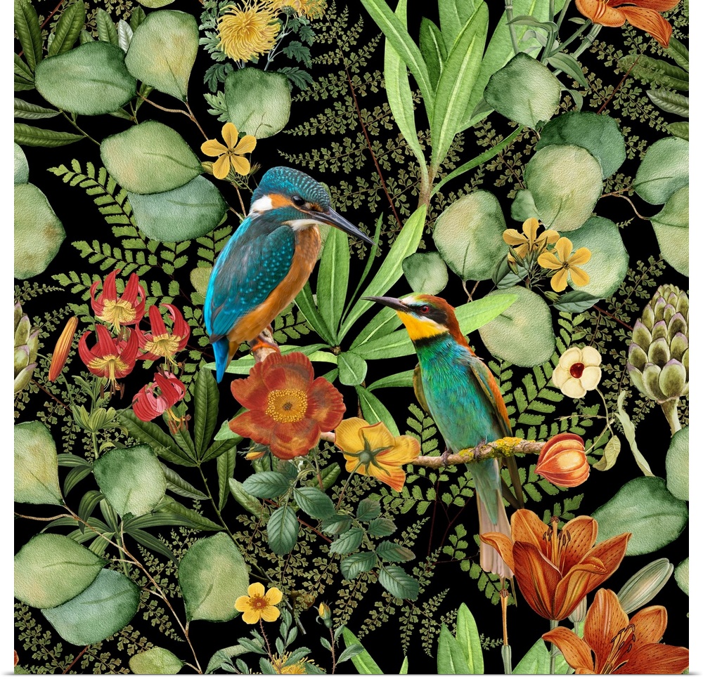 Mixed media art kingfisher bird surrounded by lush vegetation and flowers.
