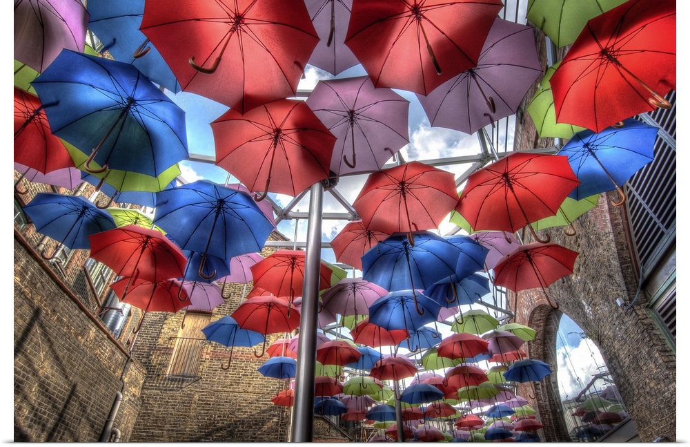 HDR photograph of a hanging umbrella installation art piece, London.