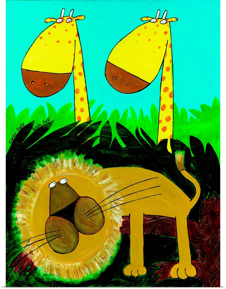 Lookout - lion & giraffe illustration by artist Carla Daly.