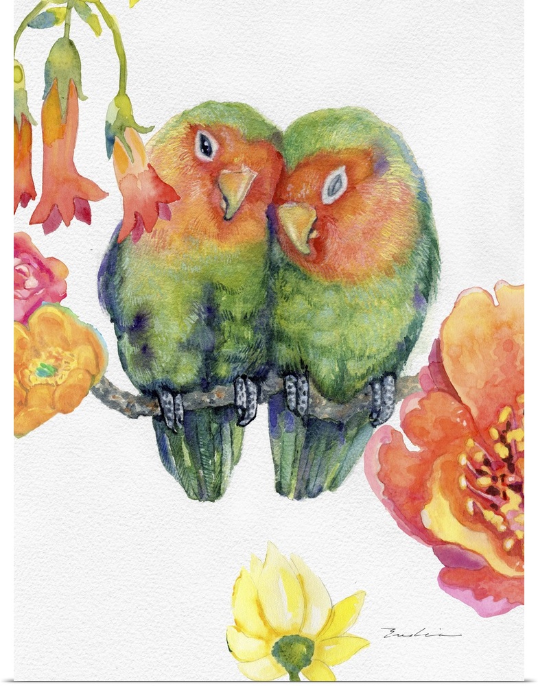 Adorable painting of two Peach-face lovebirds cuddling together with tropical flowers.